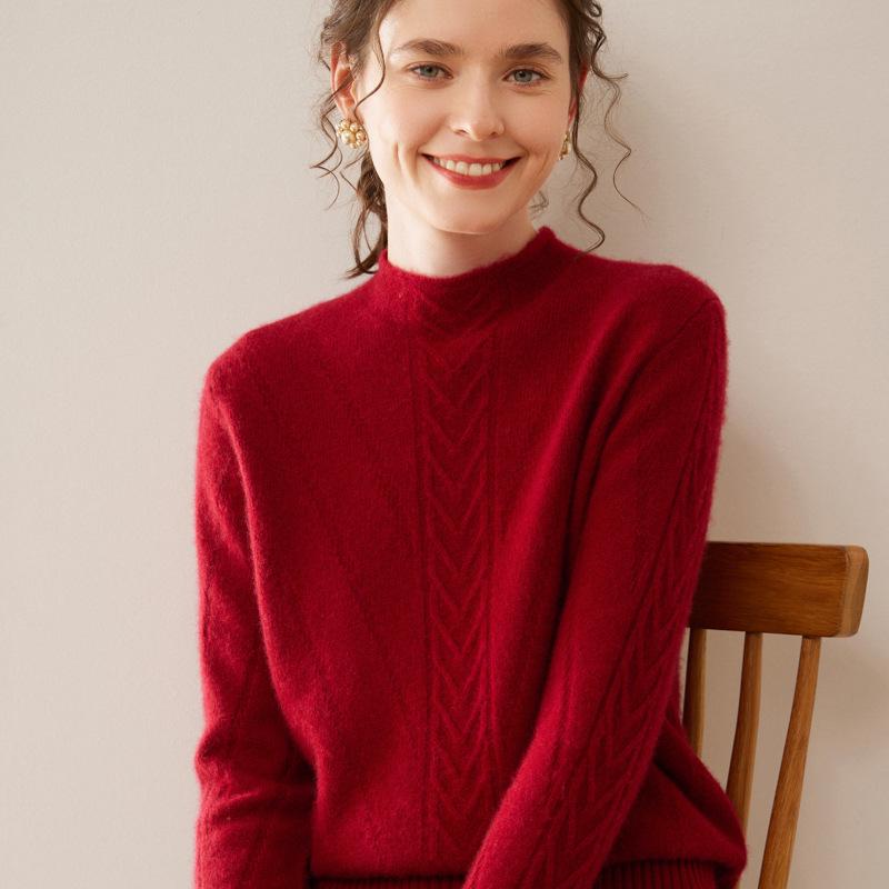 Women's Cable Knit Cashmere Pullover with Built-in Stand-up Collar Base Layer Sweater