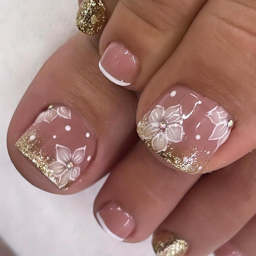 24pcs Shimmering Golden Glitter Flower False Toenails with Dazzling Rhinestones - Ultra-Glossy, Full Cover, Short Square Press-On Nails 