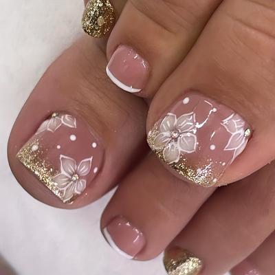 24 Stück schimmernde goldene künstliche Zehennägel mit Glitzerblumen und schillernden Strasssteinen – ultraglänzend, vollständige Abdeckung, kurze, quadratische Aufklebnägel 