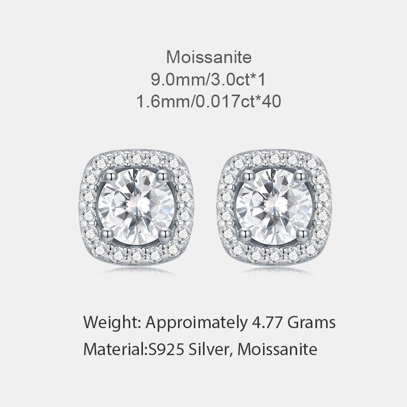 Pass Diamond Tester 3.0ct Round Cut  Fine Moissanite Jewelry 925 Sterling Silver Stud Earrings