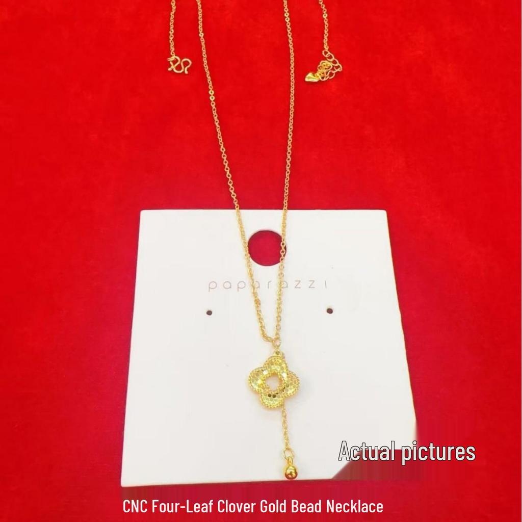 Four-Leaf Clover Gold Bead Necklace - Women's Light Luxury Fish Scale Lucky Clover Clavicle Chain
