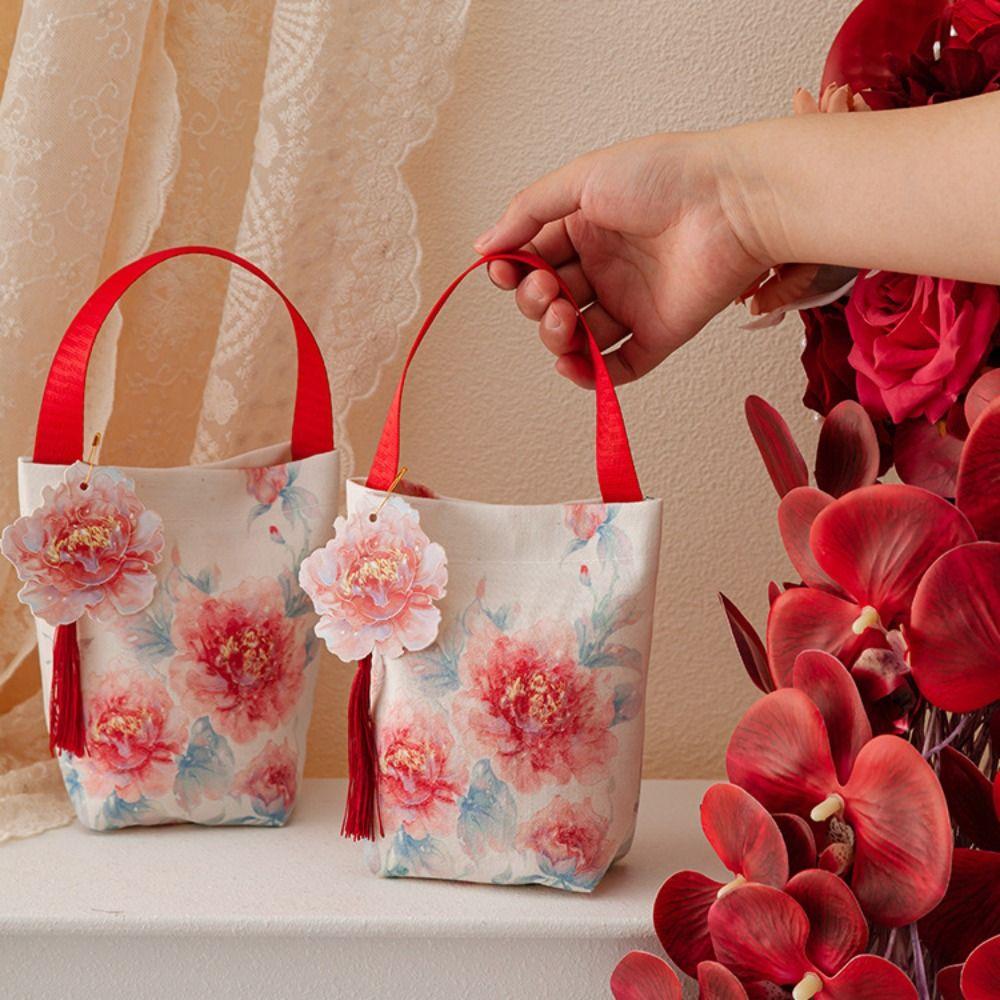 Printing Chinese Style Handbag Make Up Pouch Wedding Candy Bag Flower Tassel Wrist Bag  Festival