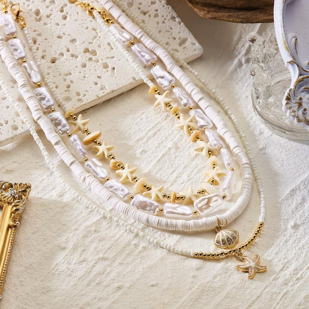 4Pcs/Set Multilayer Starfish Pendant Necklace Boho Clavicle Chain Vintage Seashell Choker Gifts