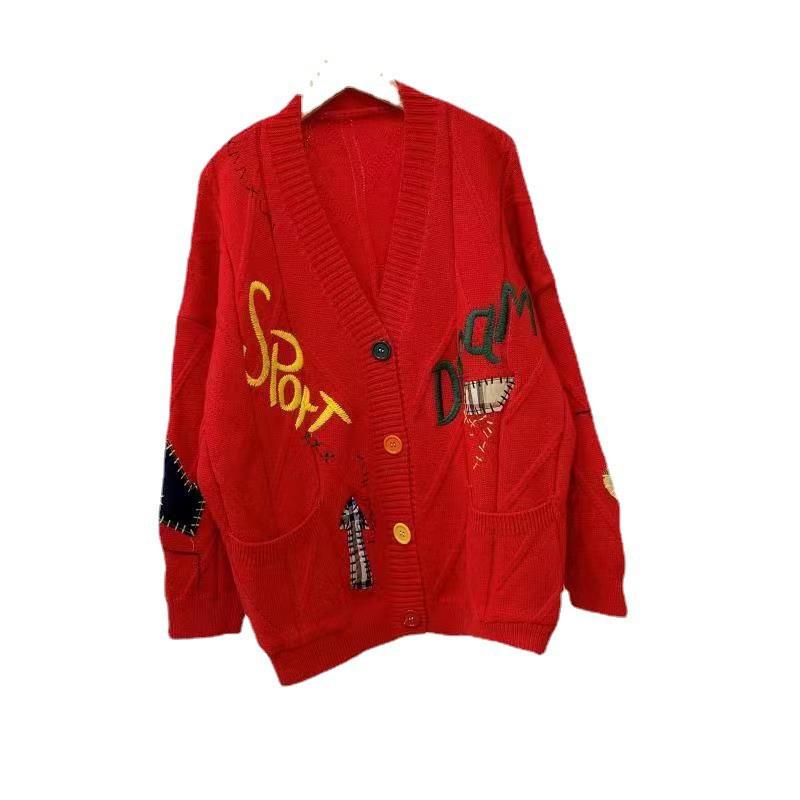 Korean Style Colorful Embroidered V-Neck Knit Sweater Coat for Women - Autumn/Winter