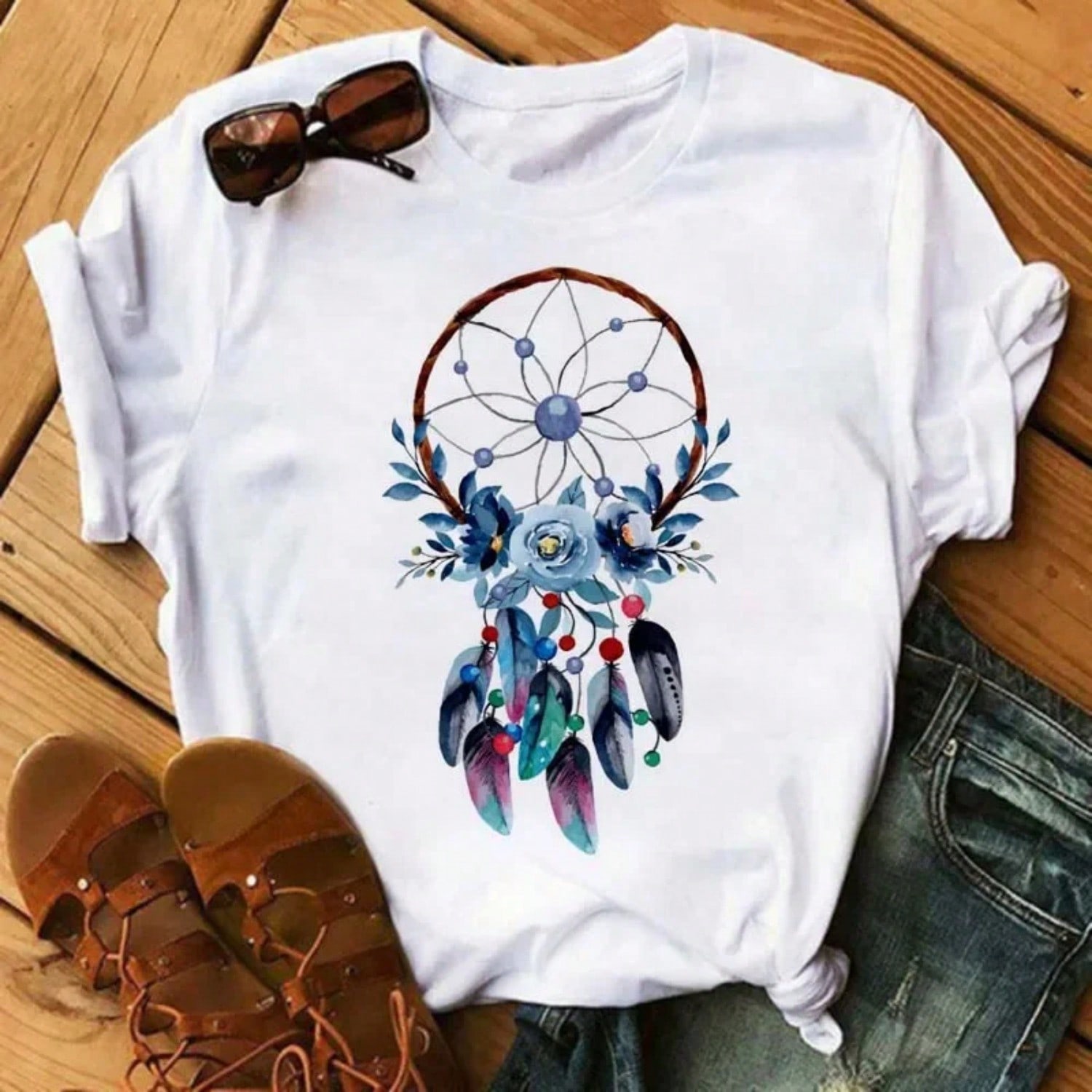Fashion Feather Dreamcatcher T Shirt unisex Harajuku Graphic Tees Shirt Femme Dream Catcher unisex s T-Shirt Clothes Tops S разноцветный