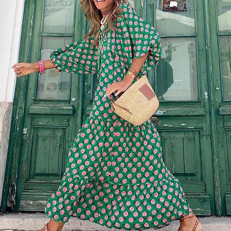 Fashion Women Summer Beach Dress Bohemian Floral Print Long Loose V Neck XS зелёный