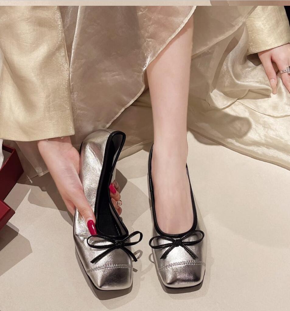 Elegant Silver Bowknot Ballerina Women's Square Head Flat Shoes Comfort Slip-On Ladies Loafers Soft-soled Ballet Flats Boat Shoe