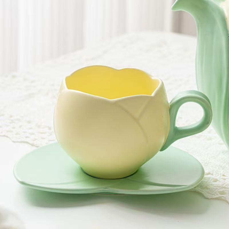 Tulip-Shaped Ceramic Coffee Cup & Saucer Set with Leaf Coaster, 100ml Elegant Espresso Tea Cups, Aesthetic and Practical