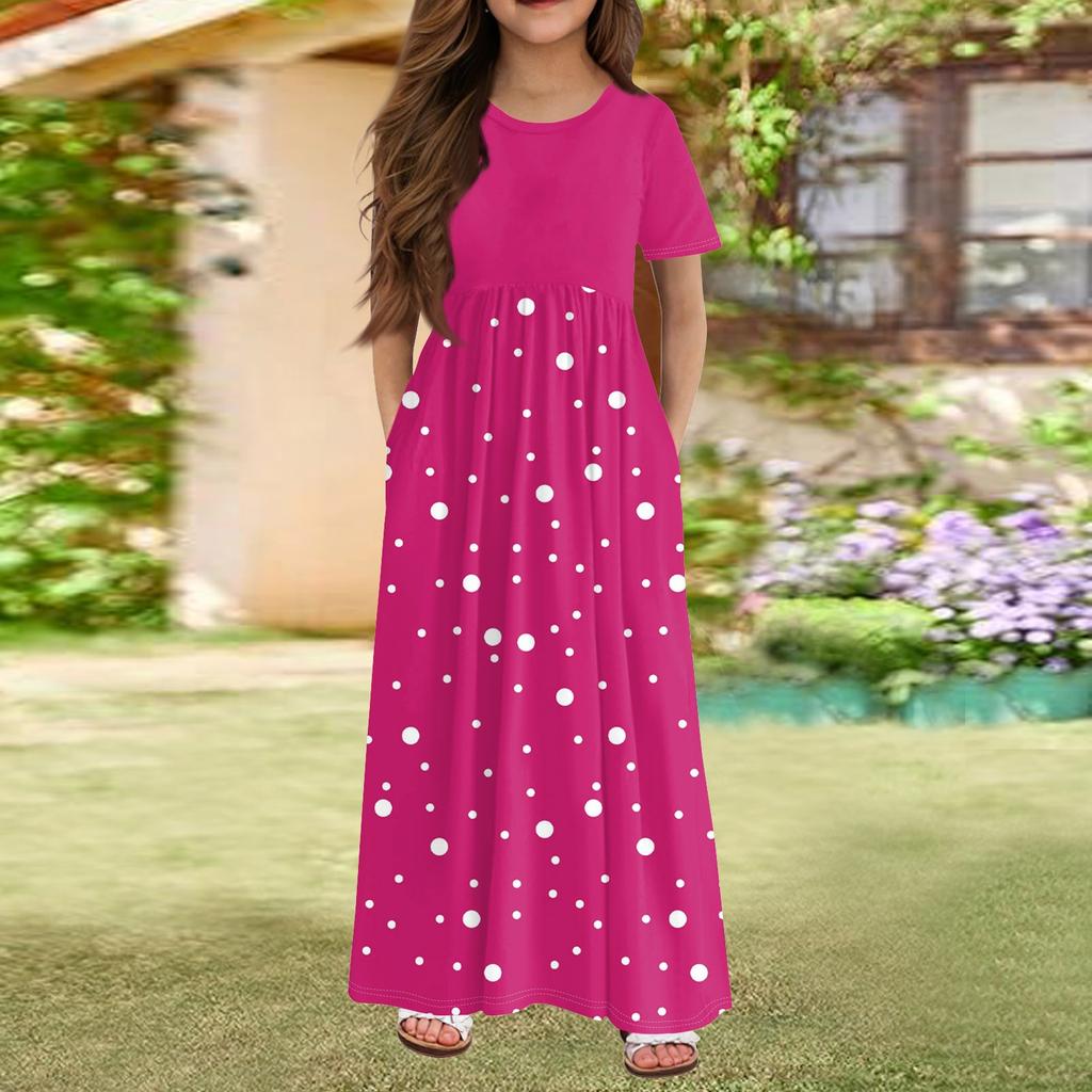 Długa Sukienka Letnia dla Dziewcząt - Sukienka Maxi z Kieszeniami z Krótkim Rękawem Dla 4-14L