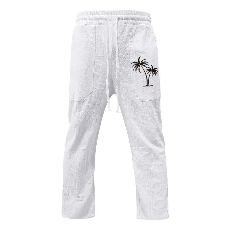 New fashion casual beach trousers men's coconut tree print cotton and linen loose trousers