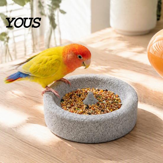 Bird Food Dish Pumice Stone Parrot Bowl, Spill-Proof Water Small Feeding Station Cage Weighted for Lovebirds Conures Indoor Outdoor Feeder