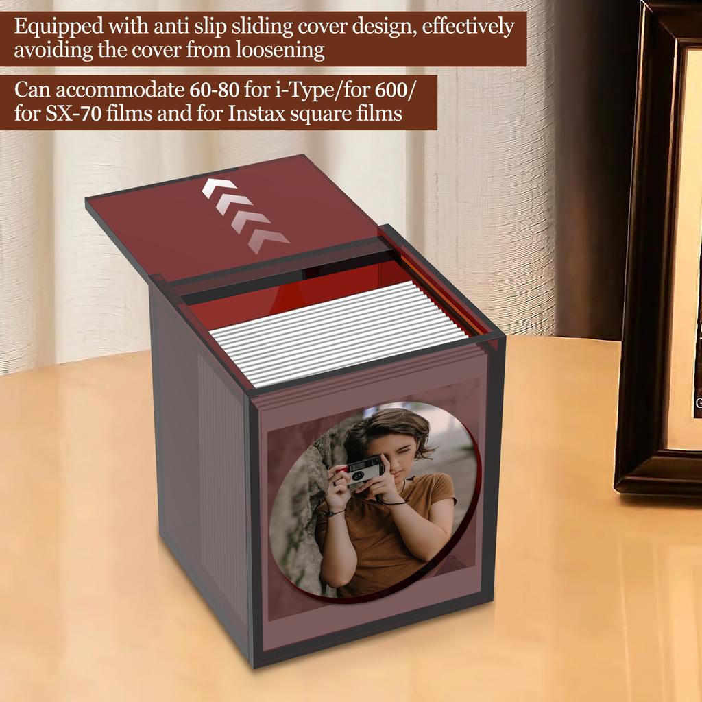 Photo Storage Box Amber Acrylic Sunproof Picture Holder with Magnetic Suction Sliding Cover Dust Photo Display Organizer Box