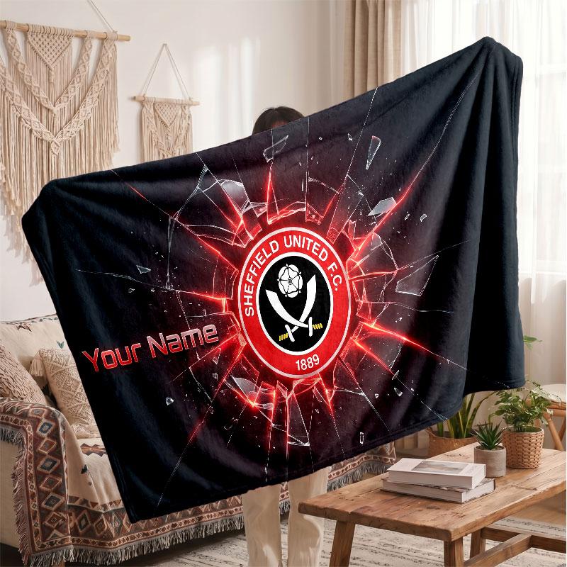 Sheffield United FC Personalized Fleece Blanket With Football Logo, Custom Name Text Soft Warm Home Throw Blanket