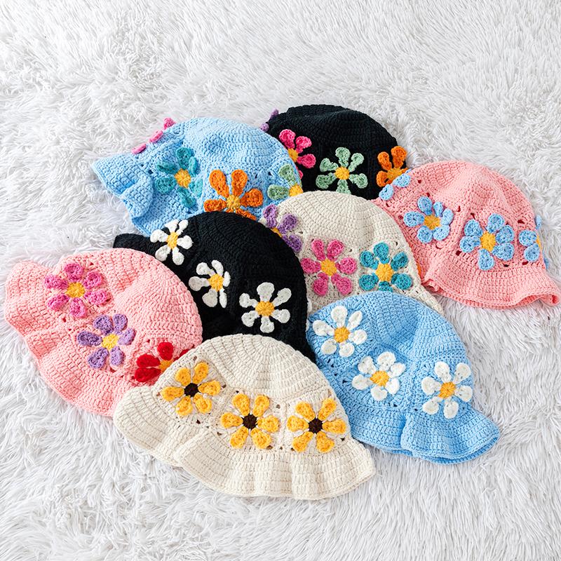 Women Plush Hat Bowler Hat Knitted Hat Breathable Handmade Crochet Vibrant Floral Pattern Cute Hollow Ruffles Colorful 56-58cm
