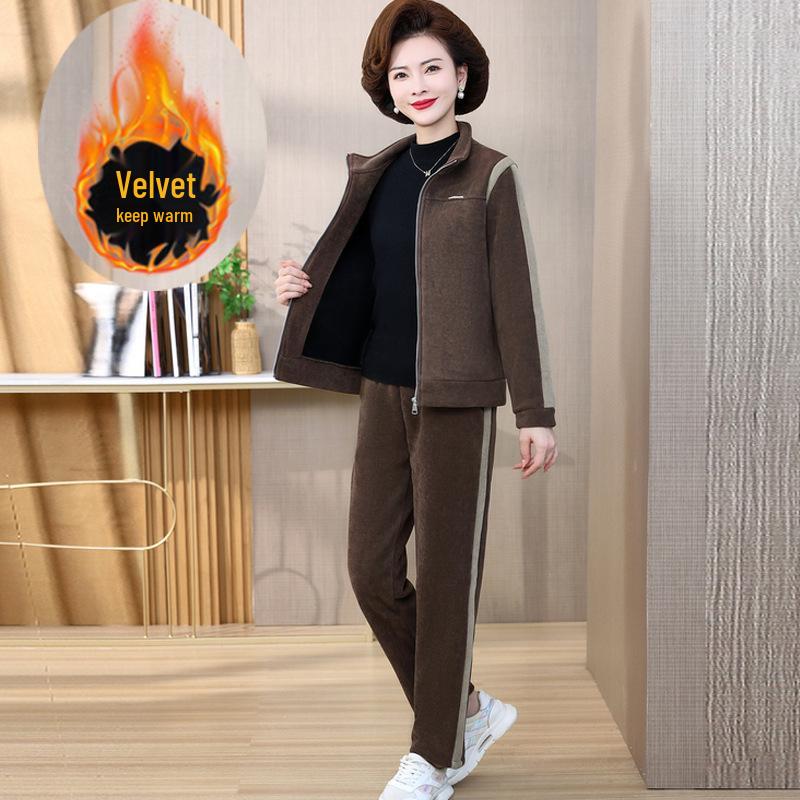 Mom's Autumn Fleece-Lined Sportswear Set for Middle-Aged & Elderly Women