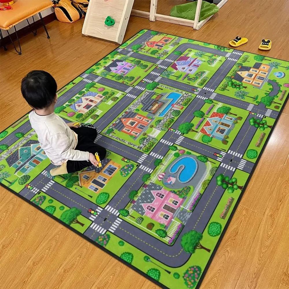 Complex Racing Track Kids Rug Multi-Loop Car Play Mat Children's Playroom Educational Traffic Carpet