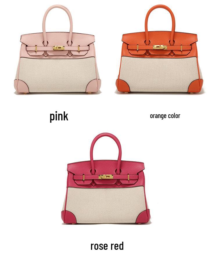 Lychee Grain Cowhide Canvas Color Block Women's Handbag - Large Capacity Shoulder & Crossbody Bag
