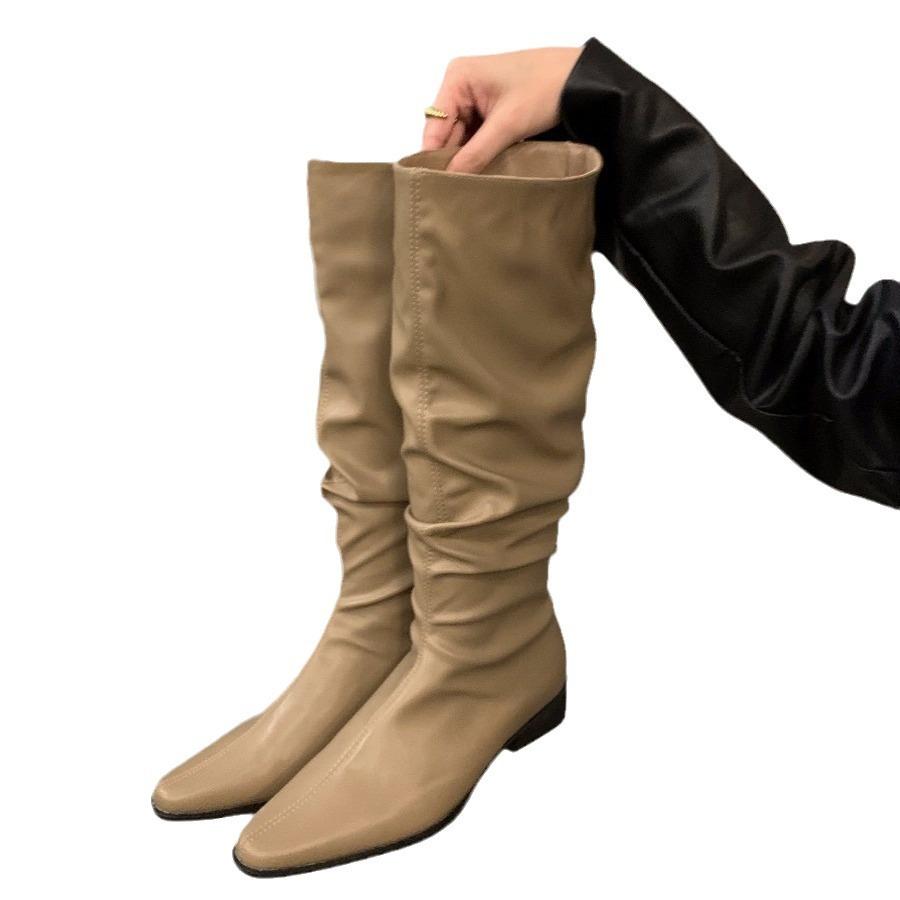 Thick heel pleated long tube knight boots women's shoes 2025 new spring and autumn western thin medium tube long boots