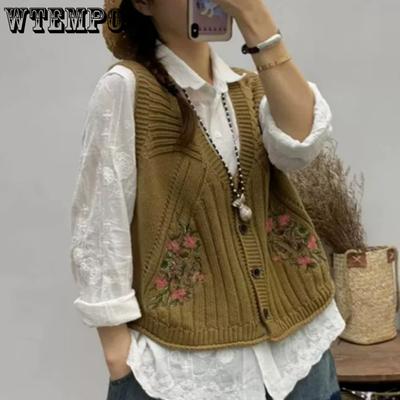 Damen Locker Lässig Gestrickte Weste V-Ausschnitt Frühling Stickerei Kunststil Revival Antiker Stil