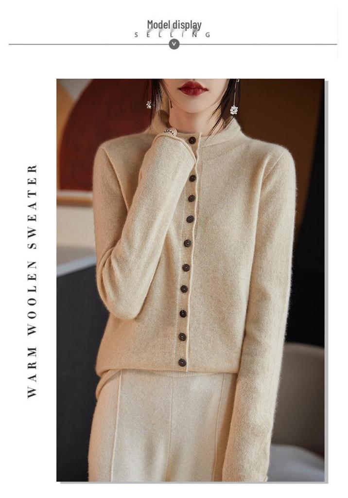 Women's 100% Wool Stand Collar Seamless Cardigan - Loose Knit Long Sleeve Cashmere Coat for Autumn/Winter