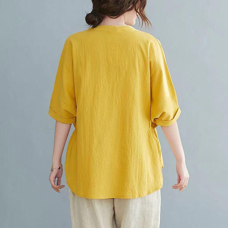 Plus Size Summer Cotton Linen Short-Sleeve Set for Middle-Aged Women - Fashionable Casual Two-Piece Outfit