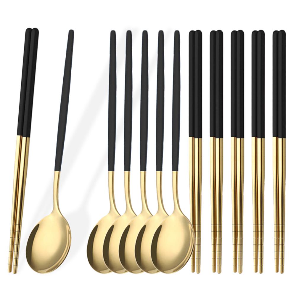 12Pcs Household Black Gold Cutlery Set Flatware Chopsticks Spoon Stainless Steel Dinnerware Set Luxury Korean Tableware Set