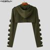 INCERUN Männer Aushöhlen Langarm Kurze Tops Solide Crop Kapuzen Hoodies