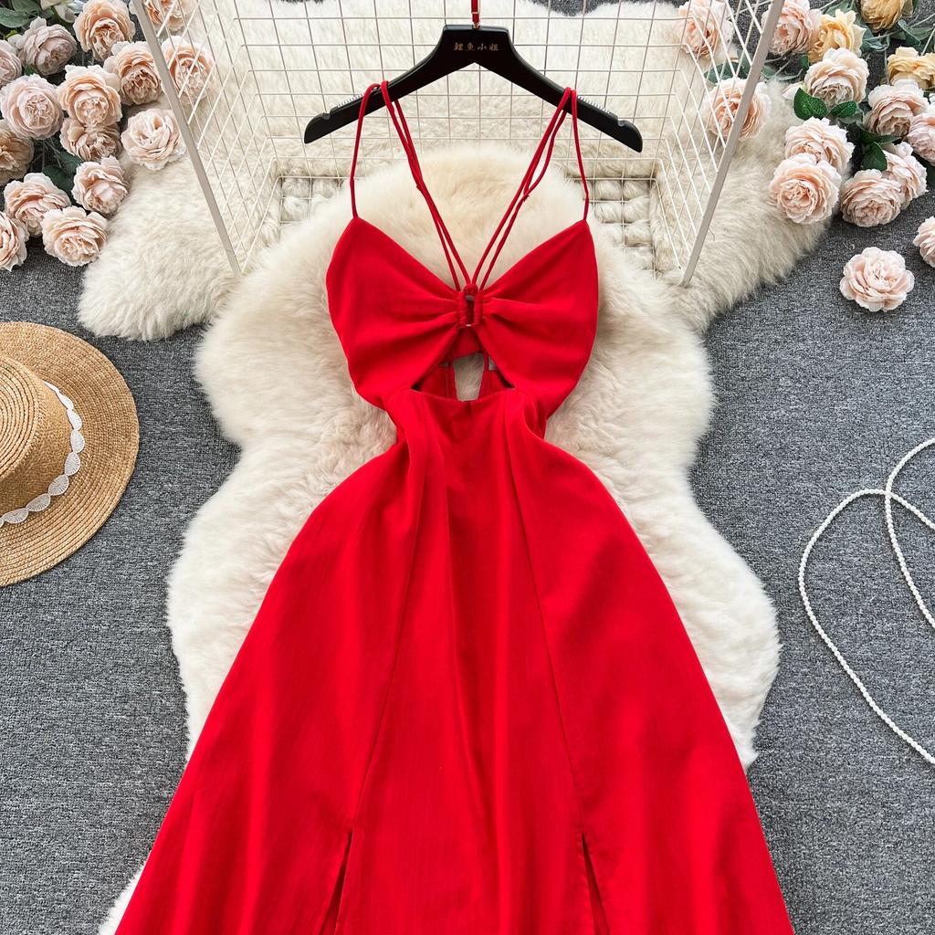 Design Hollow-out Wrap-around Hanging Neck Dress Scheming Strap Slim Fit Long Over-the-Knee Split Vacation Suspender Dress