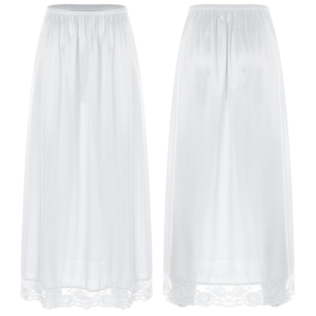 Women Stylish Clothing Elastic Waistband Lace Hem Skirt Thin Silk Satin Solid Color Inner Skirt