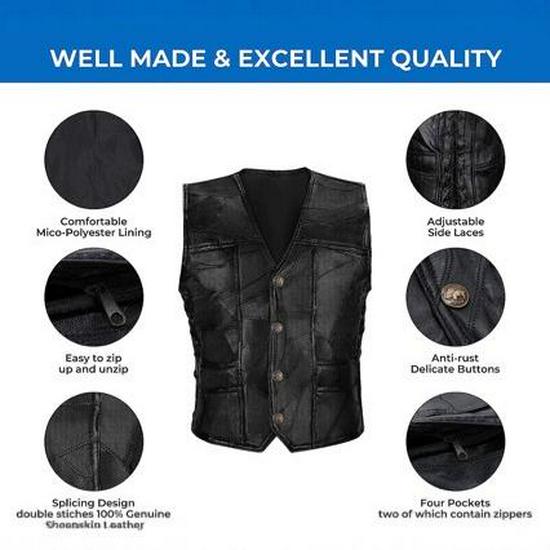 Men's Classic Brown Sheepskin Leather Motorcycle Vest - Plain, Sleeveless Riding Jacket
