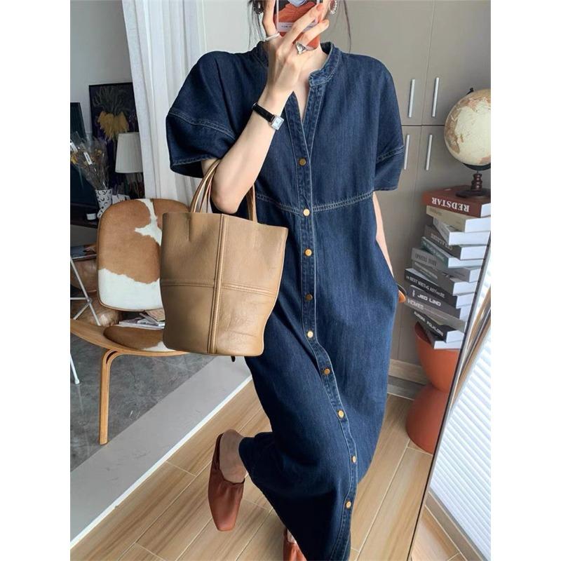 Vintage Hong Kong Style Denim Dress for Women Summer Thin Fabric High End Sense Loose Casual Straight Long Dress