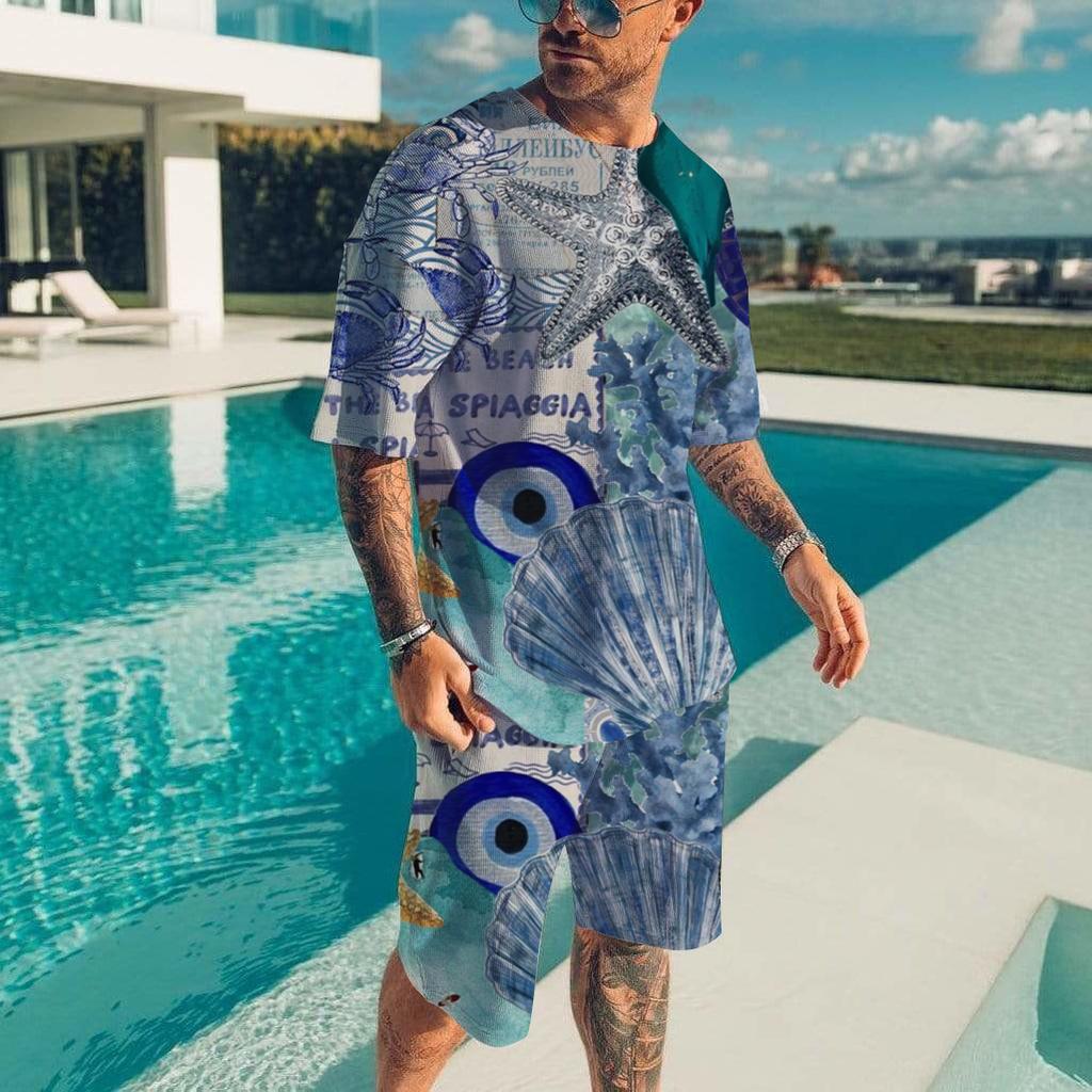 Men's Hawaiian Full Print Suit Casual T-shirt Beach Pants Suit Daily Stylish Men Short-sleeve Top New Mens Tees Short