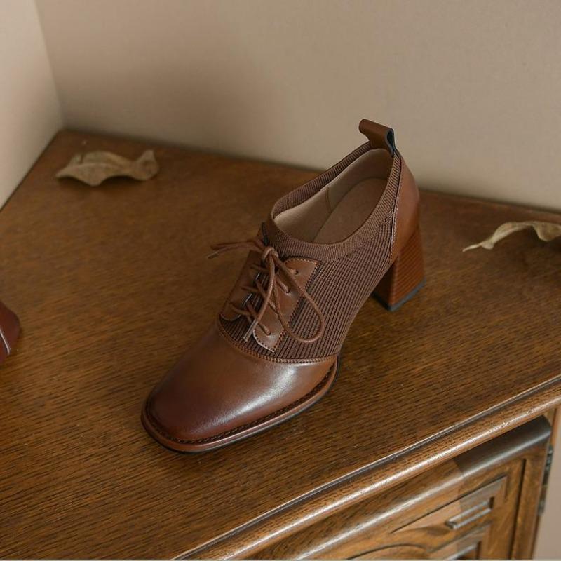 New Thick Heel High Heels Women's Spring and Autumn Naked Boots Brown Knitted British Style Lace up Small Leather Shoes