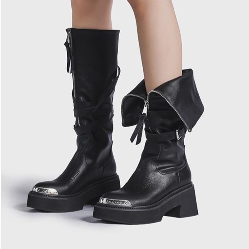 Bottes pour femmes Deux Portés Tête Métallique Tube Haut Mode Bottes pour Femmes Tendance Punk Gothique Rock Cuir Chevalier Bottes Longues Botte de Moto
