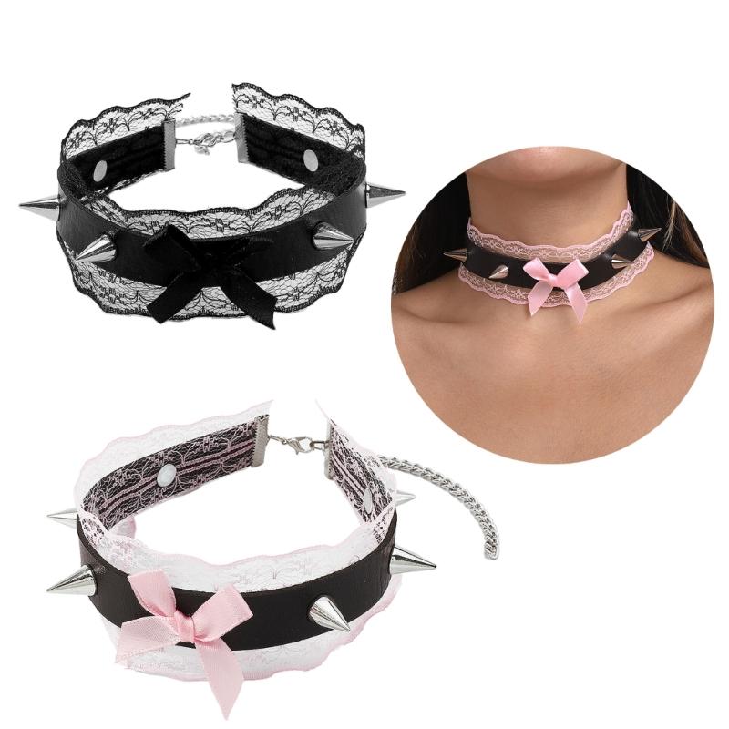 Lace Bowknot PU Pendant Short Necklace for Women Trend Cosplay Clavicle Choker Adjustable Collar Girls Party Jewelry