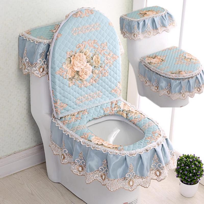 3pcs/Set Lace Embroidery Detachable Toilet Cover Cloth Dustproof Soft Toilet Seat Ring Cushion Home Decoration Toilet Cover