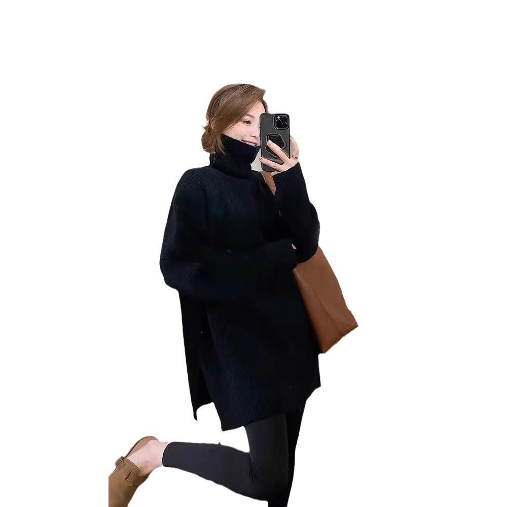 New solid color simple turtleneck hem slit thick pullover sweater for women, warm layered knit sweater