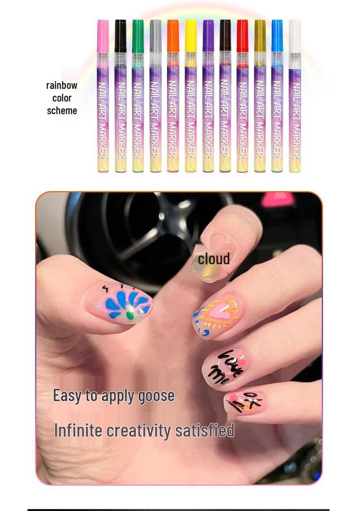 12-Color Waterproof Nail Art Graffiti Pen 0.5mm Quick-Drying Nail Painting Marker