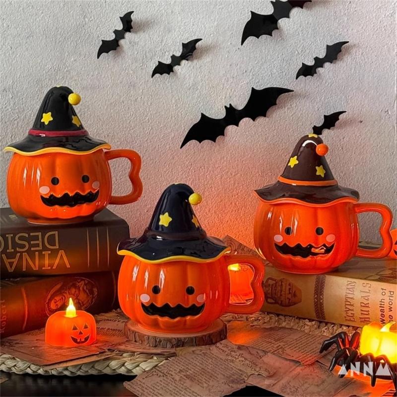 Unique Halloween Themed Ceramics Coffee Cup With Detachable Witch Hat Cover Pumpkin Shape Mug For Hot Beverages Gift