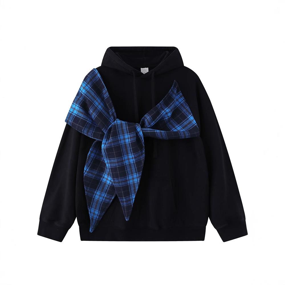 Bow Plaid Hooded Sweater Men's and Women's Trendy Brand Loose and Versatile Couple Hoodie