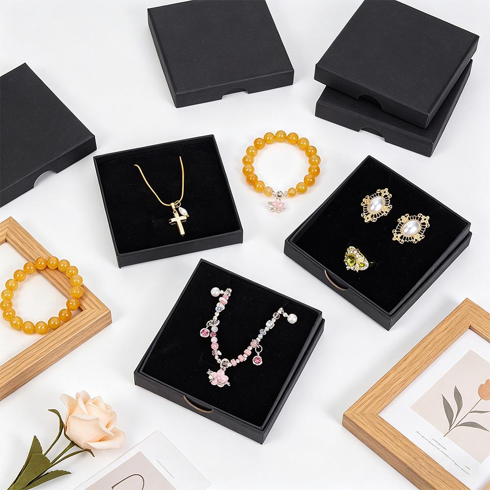 6Pcs Paper Jewelry Set Gift Packing Boxes with Sponge Inside for Earrings Necklaces Square Black 9x9x1.6cm