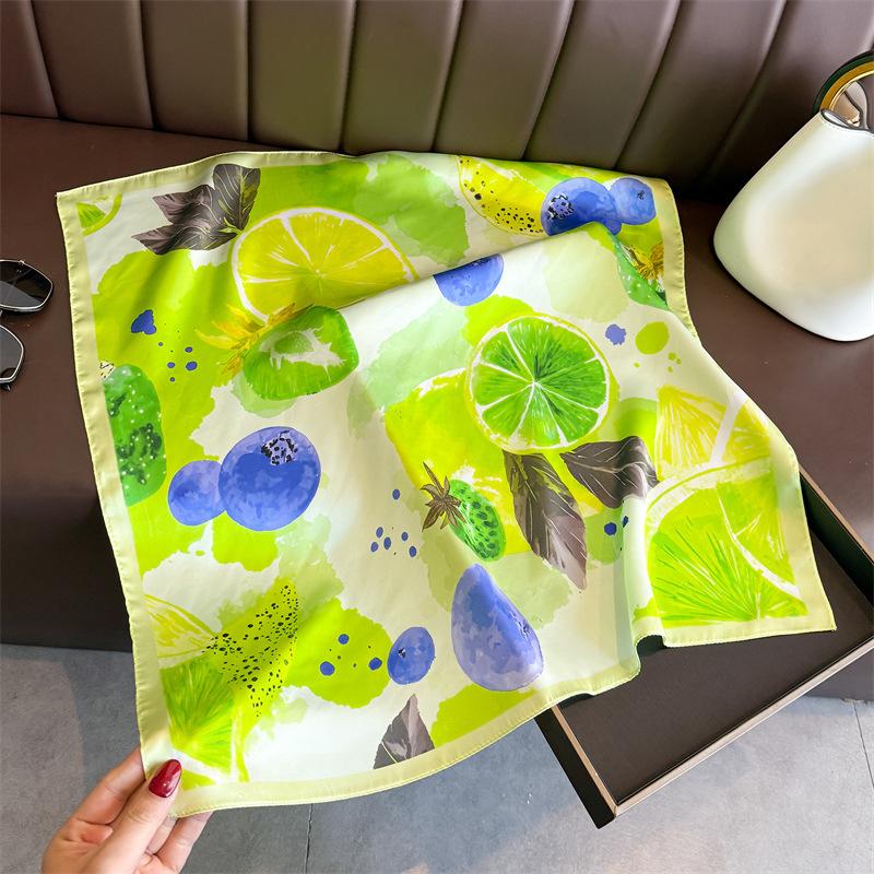 Women S Lemon Printed Silk Like Square Scarf For Sun Protection 66*70cm