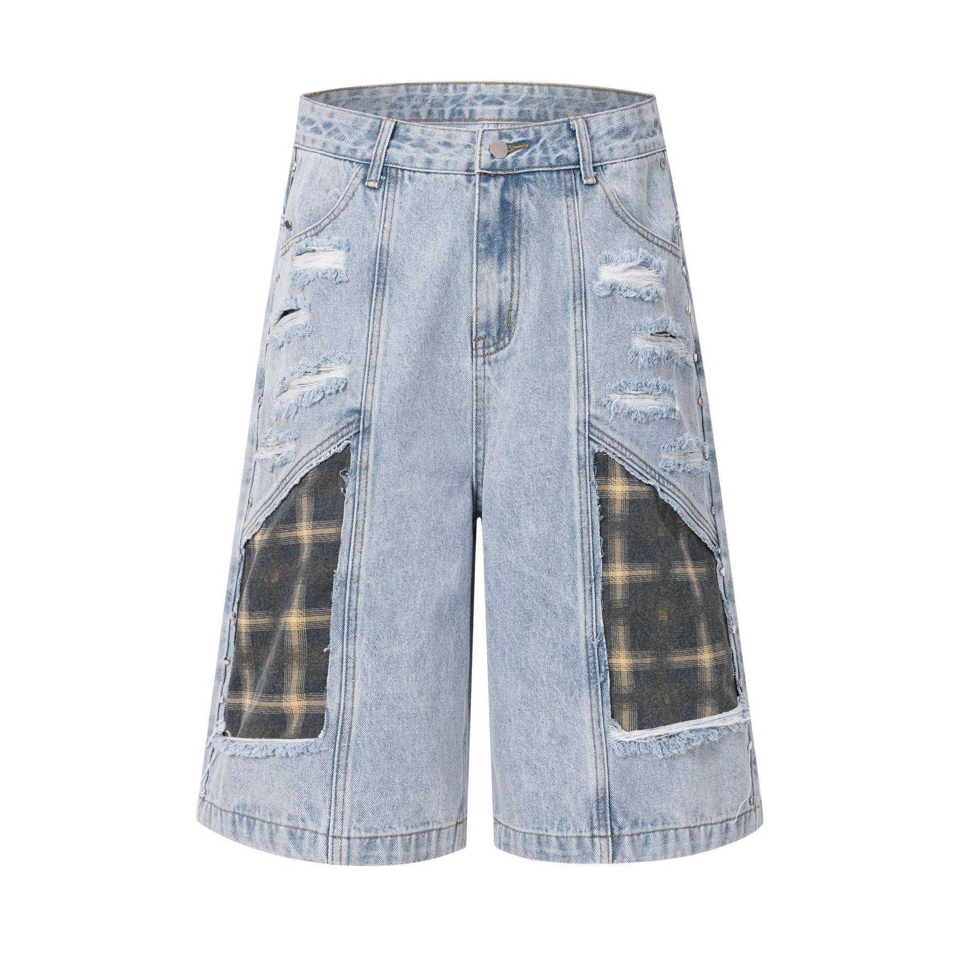 High Street American Vintage Washed Destroyed Denim Shirt Men s Personality Tooling Denim M