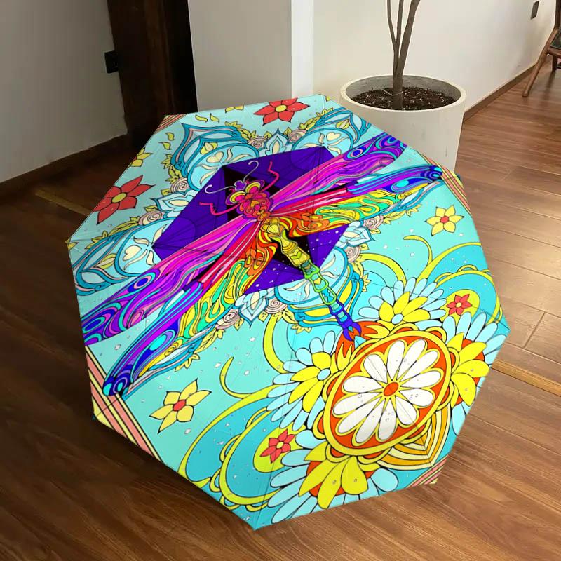 

Colorful Dragonfly Mandala Automatic Opening Folding Umbrella with 8-Bone Iron Frame, Suitable for Fans, Travel, Daily Use, and Festive Gift