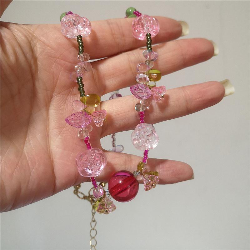 New Cute Aesthetic Resin Cherry Fruit Flower Pendant Bead Choker Clavicle Chain Necklace For Girls Y2K Charm Jewelry Accessories