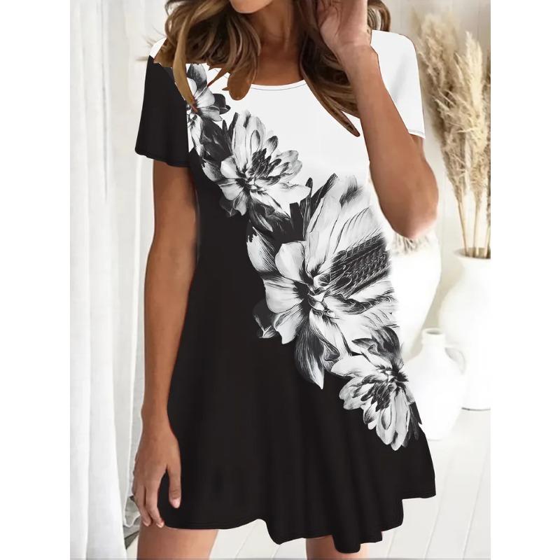 Sommer Damen 3D-Druck Rundhals Kurzarm Kleid Mode Vielseitig Trend Atmungsaktiv Lässig