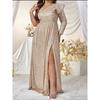 Export Fashion One Shoulder Diagonal Collar Ruffles Long Sleeves Sexy Niche Style Banquet Party Glitter Adult Lady Like Woman Dress