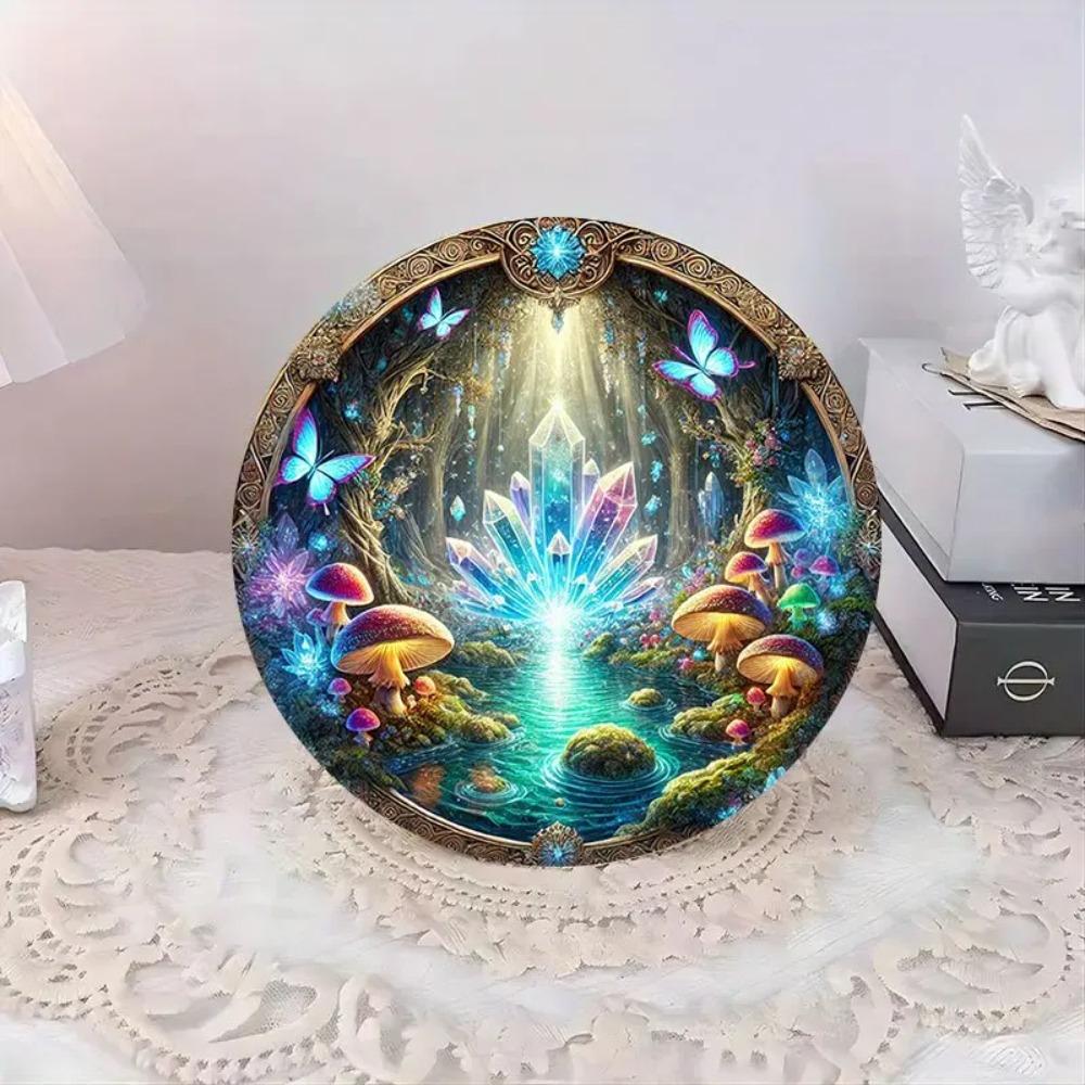 Hisun Tin Sign Vintage Enchanted Forest Glowing Crystal Mushroom Round Tin Sign Retro Magical Blue Butterfly Fairycore Themed Metal Wall Art P