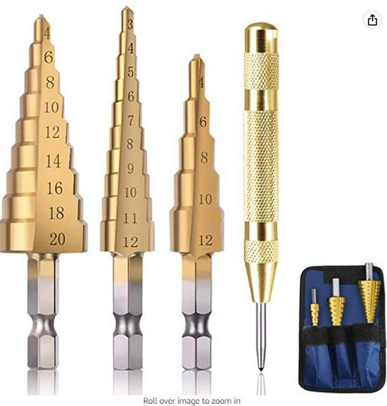 Hex Shank Step Drill Bit Set: Straight & Spiral Flutes, Tapered Hole Opener, Chamfering, with Cloth Bag Packaging.