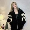 Womens Oversized Faux Fur Coat With Contrast Color Panel Thick Fleece Lined Winter Jacket Korean Style Long Sleeve Outerwear